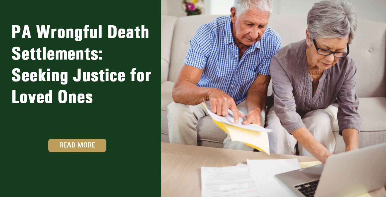 PA Wrongful Death Settlements on the left. Two elderly individuals looking at medical papers on the right.