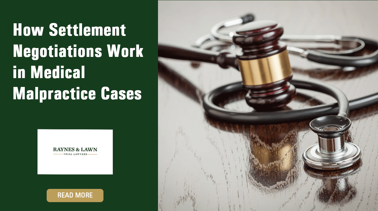 How settlement negotiations work in a medical malpractice case. Features a mallet and a stethoscope.