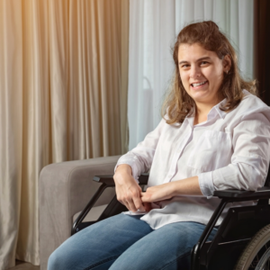 woman with cerebral palsy smiling at camera in Pennsylvania