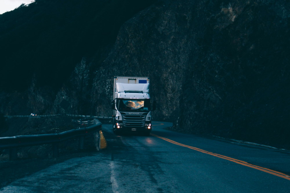 18 wheeler truck driving through Pennsylvania mountains