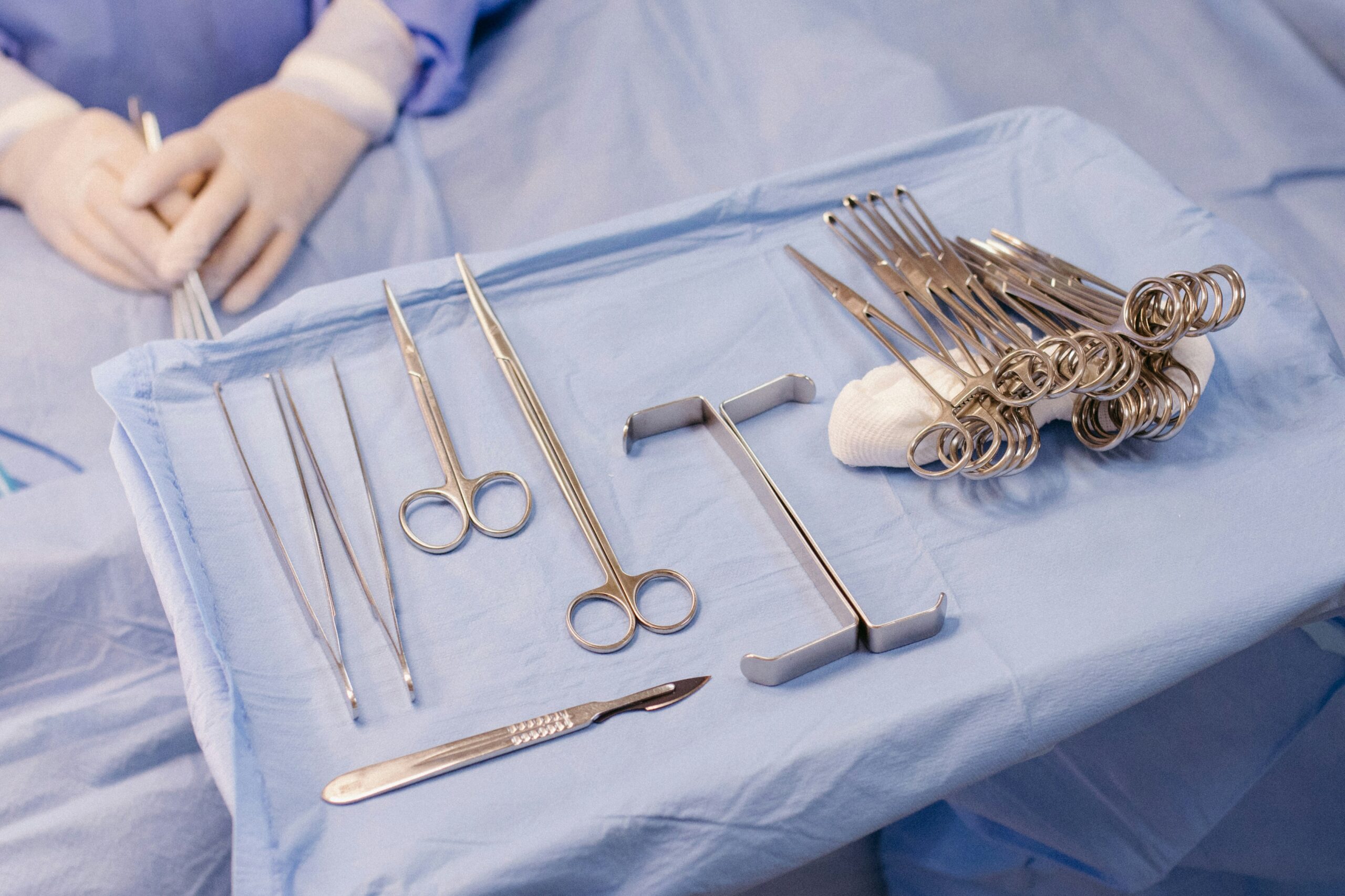 Surgical items on a tray. In these items are accidentally retained during surgery, the plaintiff may face ailments and pain.