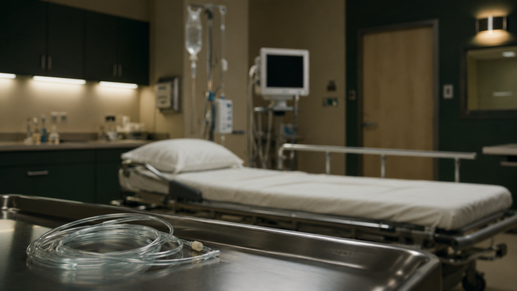 A quiet, empty hospital procedure room with tubing on a tray and a dark monitor in the background.