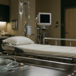 A quiet, empty hospital procedure room with tubing on a tray and a dark monitor in the background.