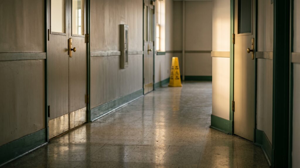 A quiet, empty indoor stairwell with late-afternoon light and a small safety cone visible in the distance.
