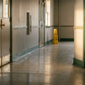 A quiet, empty indoor stairwell with late-afternoon light and a small safety cone visible in the distance.