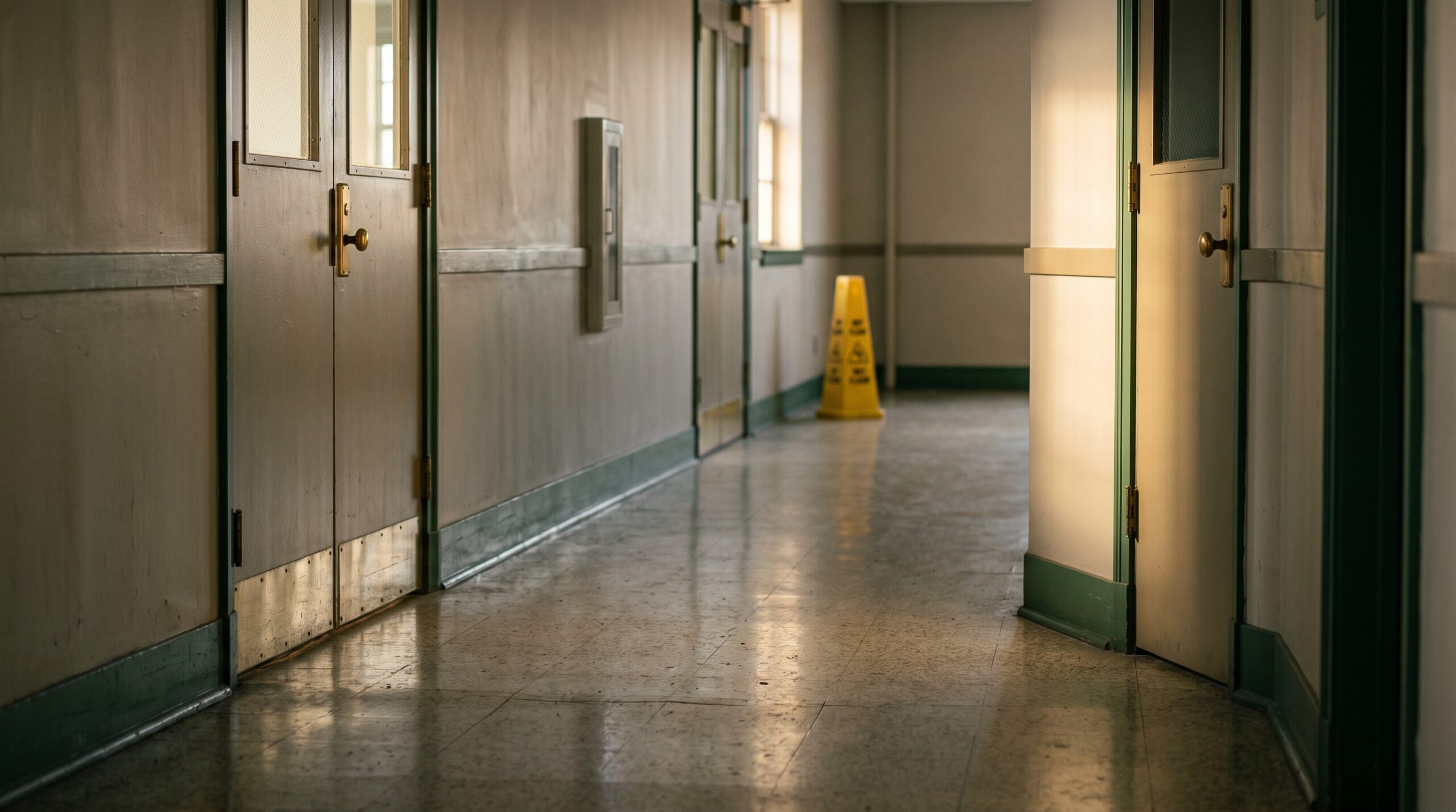 A quiet, empty indoor stairwell with late-afternoon light and a small safety cone visible in the distance.