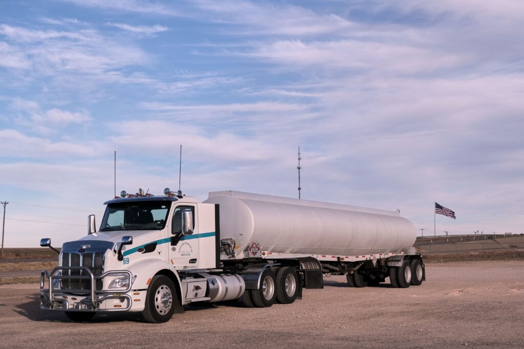 A truck carrying chemicals. Tractor trailers like these require a larger stopping distance, meaning their following distance is also significantly larger to avoid accidents that may cause a far greater disaster.