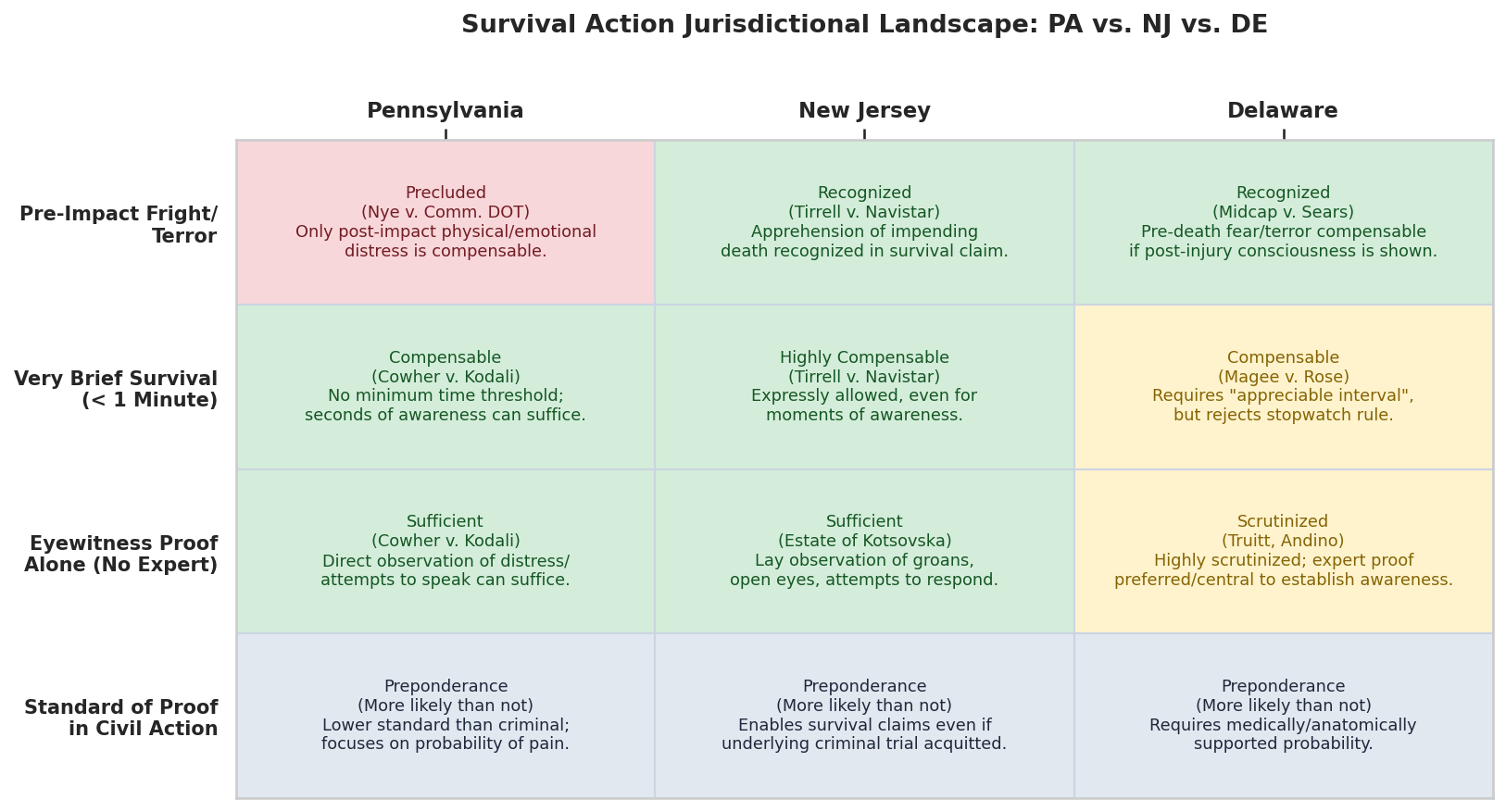 Figure: Pennsylvania, New Jersey, and Delaware compared across the consciousness, pre-impact fright, and proof-sufficiency questions discussed above. Figure: Pennsylvania, New Jersey, and Delaware compared across the consciousness, pre-impact fright, and proof-sufficiency questions discussed above.